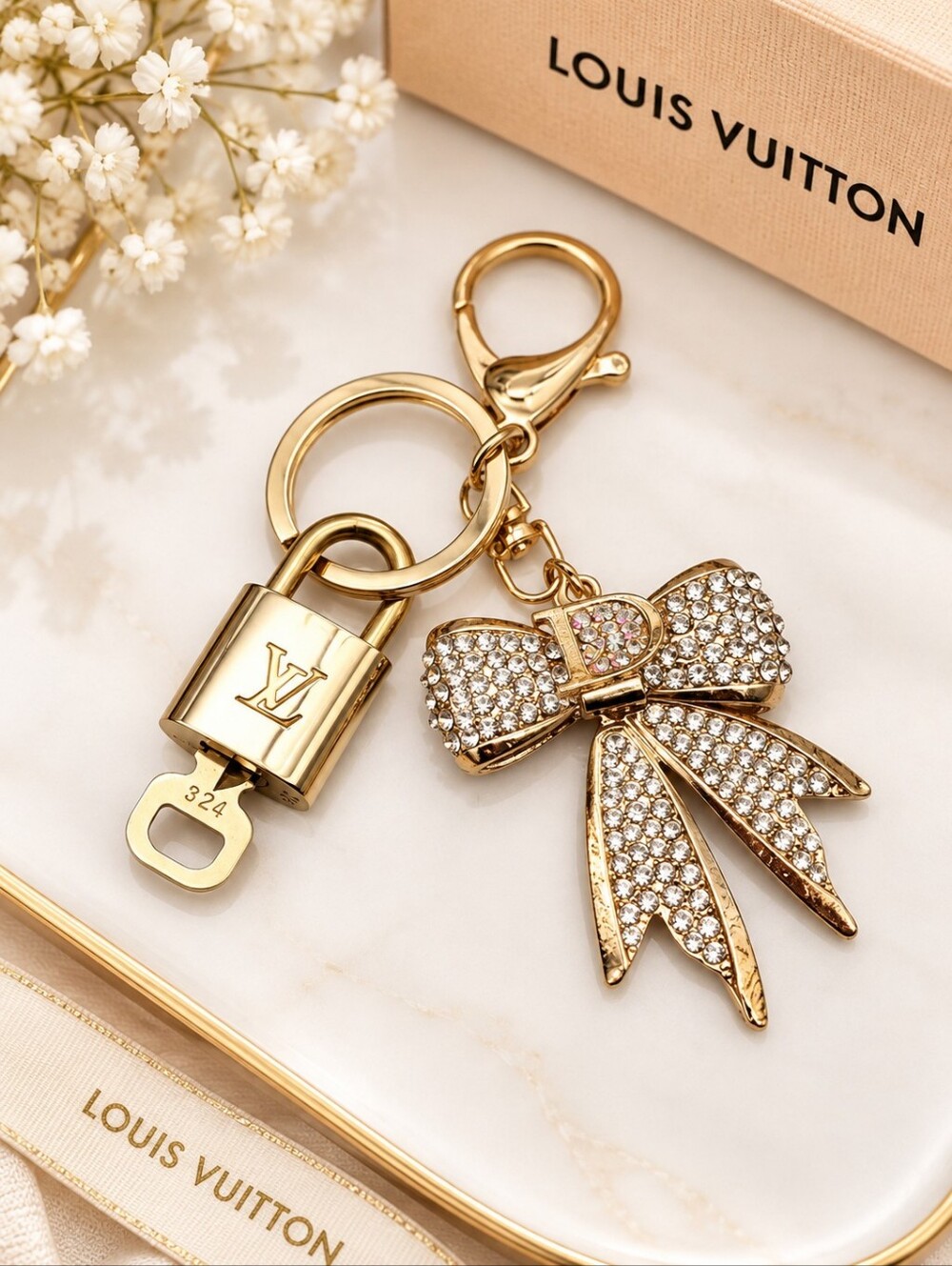 Louis Vuitton Gold Lock 🔒 Authentic LV Key + Unbranded Ribbon Bag Charm